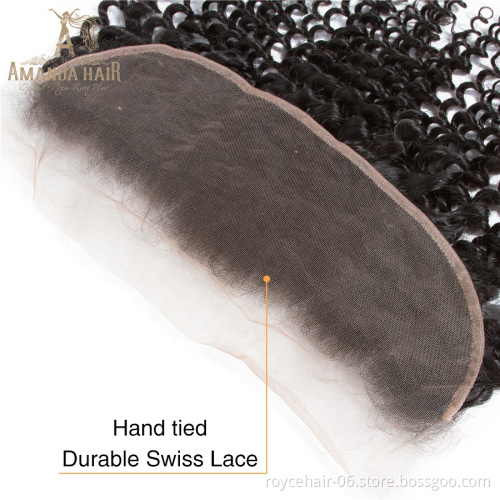 Top Quality  Peruvian Virgin Hair Kinky Curly Hair Transparent Ear To Ear Lace Preplucked Frontal Closure 13x4